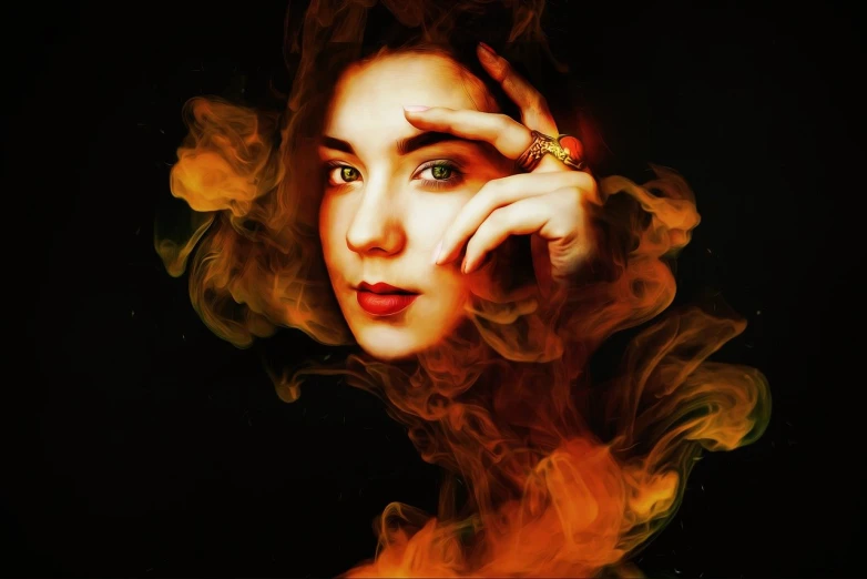 a close up of a woman with a ring on her finger, a digital painting, digital art, fire and smoke, portrait in the style of craola, rachel weisz portrait, stylized photo