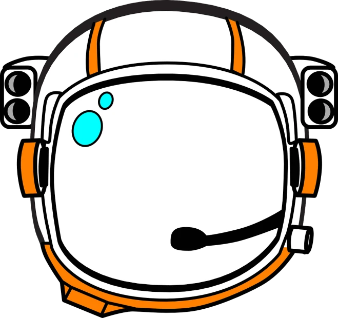 a helmet with a microphone attached to it, space art, cartoonish vector style, white and orange breastplate, no - text no - logo, closeup headshot