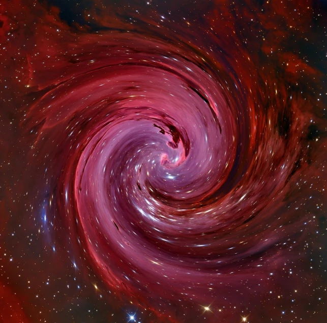 a spiral in the middle of a space filled with stars, by Jon Coffelt, crimson - black color scheme, nasa space photography, whorl, magenta