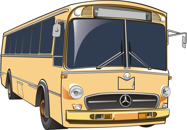 a yellow bus driving down a street next to a traffic light, vector art, pixabay, art nouveau, mercedez benz, on black background, full front view, 7 0 - s