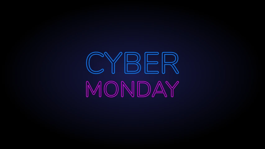 a neon sign that says cyber monday, a stock photo, art deco, modern simplified vector art, light lighting side view, purple and blue neons, 💣 💥💣 💥