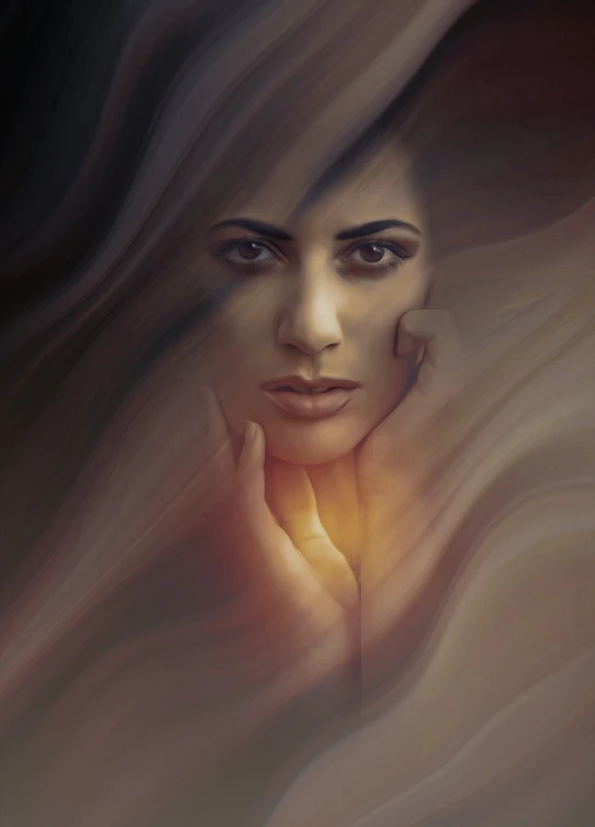 a painting of a woman with long hair, a digital painting, inspired by Anna Füssli, shutterstock contest winner, digital art, sand storm, face illuminated, hand - drawn digital art, soft airbrushed artwork