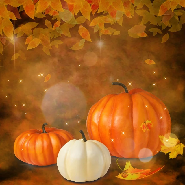 three pumpkins sitting next to each other on a table, a digital painting, autumn leaves background, sparkle, closeup photo