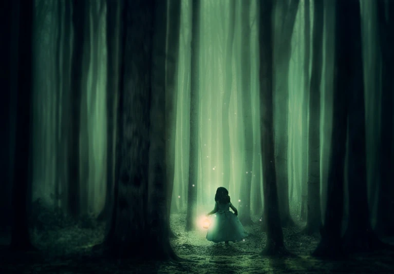 a woman sitting in the middle of a forest, digital art, inspired by Jakub Schikaneder, little girl with magical powers, holding a lantern, mikko lagerstedt, portrait”