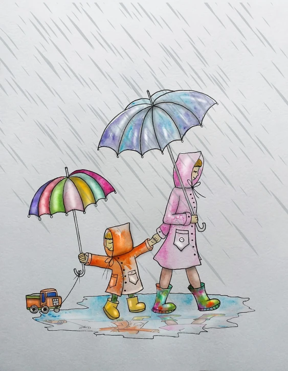 a drawing of a mother and child walking in the rain, a color pencil sketch, by Martina Krupičková, pixabay, ultra humorous illustration, high detail illustration, colorful kids book illustration, pouring
