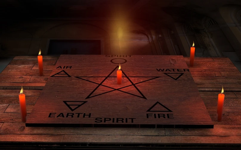 a group of candles sitting on top of a wooden table, by Kurt Roesch, tumblr, digital art, holding a pentagram shield, in the elemental plane of fire, close up shot of an amulet, strange symbols line the walls