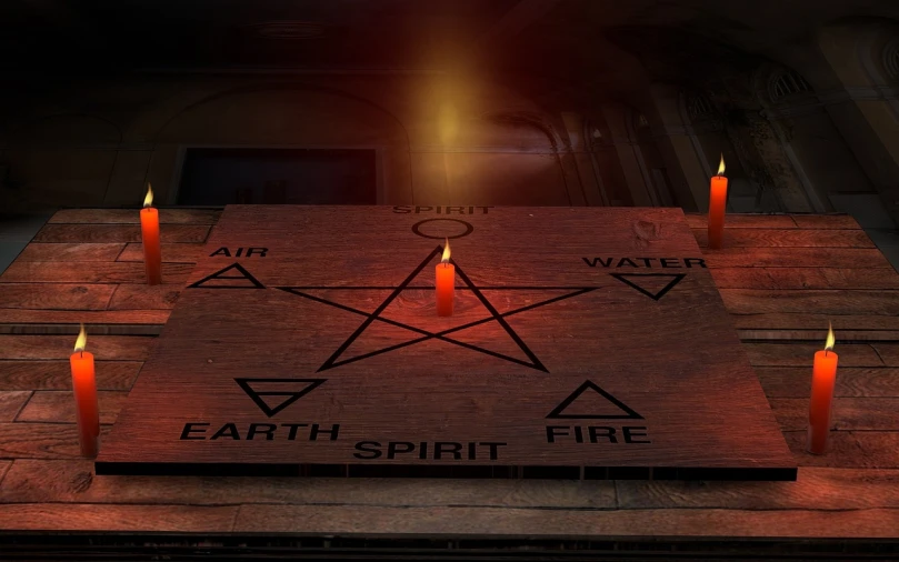 a group of candles sitting on top of a wooden table, by Kurt Roesch, tumblr, digital art, holding a pentagram shield, in the elemental plane of fire, close up shot of an amulet, strange symbols line the walls