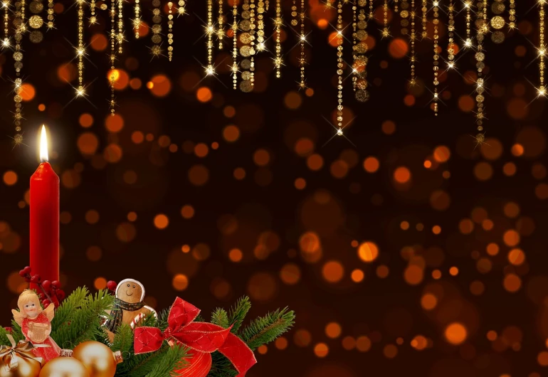 a christmas scene with a candle and ornaments, digital art, by Aleksander Gierymski, pixabay, gold raining in the background, brown background, background image, orange ribbons