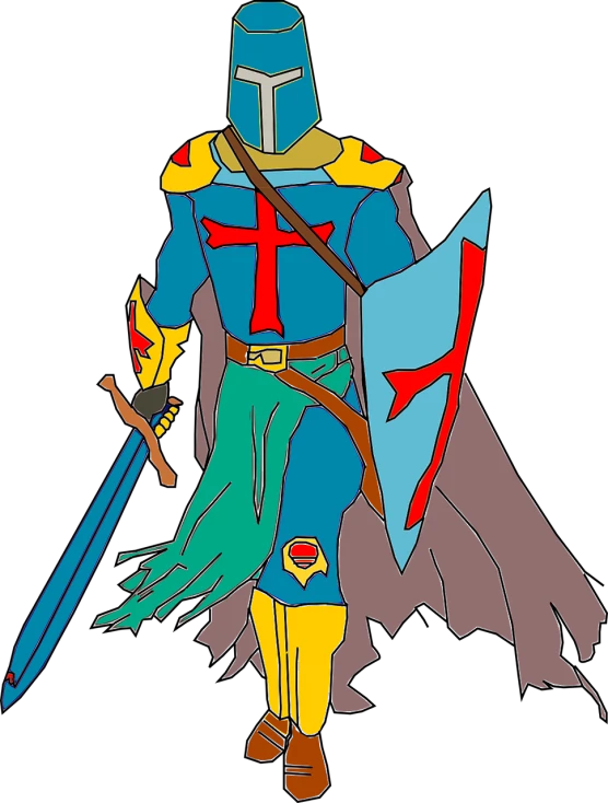 a cartoon knight with a sword and shield, inspired by Howard Pyle, sots art, filmation animation, ms paint drawing, god of death, set back dead colors