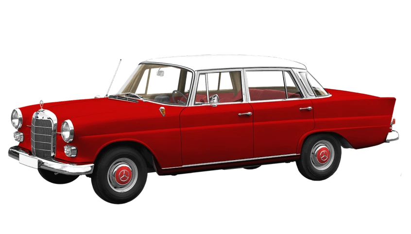 a red and white car on a black background, a digital rendering, inspired by Slava Raškaj, photorealism, 6 0's, mercedez benz, modeled in poser, vintage - w 1 0 2 4