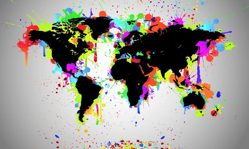 a map of the world is splattered with paint, vector art, flickr, action painting, colorful graffiti, black paint drops, exhibition of paintings, 5 k