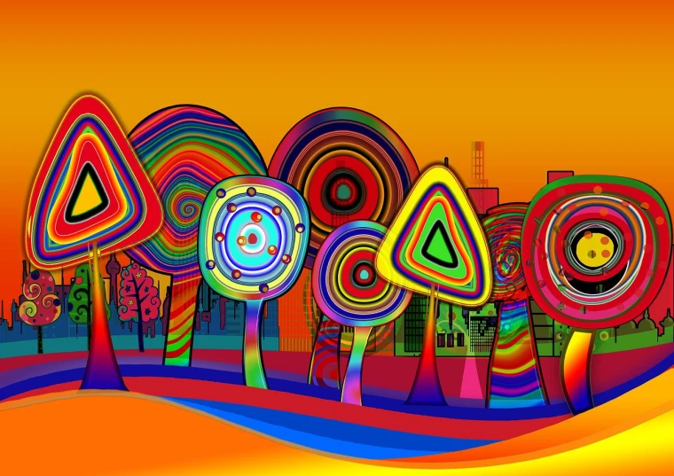 a group of colorful trees with buildings in the background, digital art, inspired by Friedensreich Hundertwasser, psychedelic art, lollipops, in front of an orange background, !!! very coherent!!! vector art, lollipop