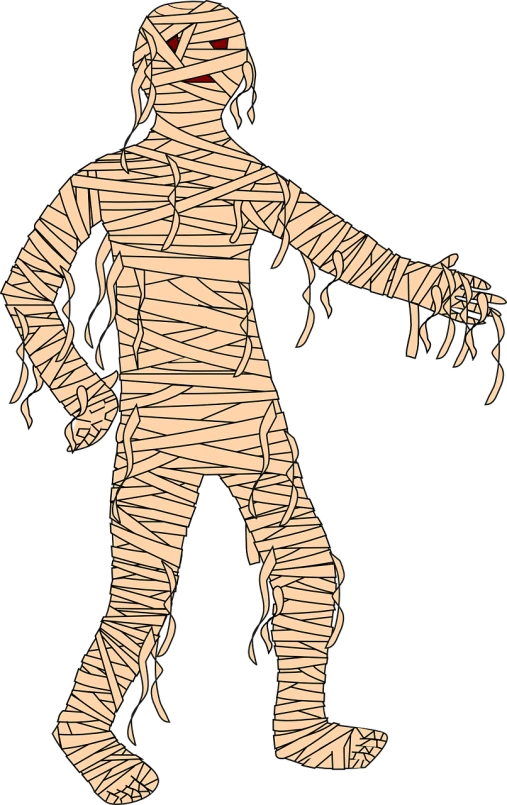 a drawing of a man dressed as a mummy, a woodcut, pixabay, net art, on a flat color black background, full body close-up shot, (monster), illustration black outlining