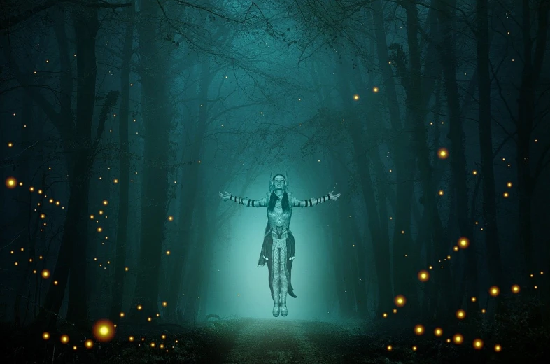 a man that is standing in the middle of a forest, digital art, inspired by Mike Winkelmann, pixabay contest winner, maya ali as a cyber sorceress, blue fireflies, samhain figure, high quality fantasy stock photo