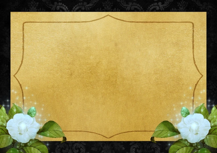 a gold frame with white flowers on a black background, inspired by Masamitsu Ōta, flickr, green snakes background, wide screenshot, old paper, wall ]
