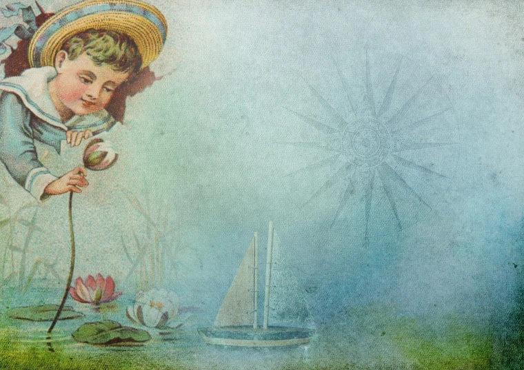 a painting of a little boy playing with a toy boat, a digital rendering, inspired by Ida Rentoul Outhwaite, romanticism, website banner, with infant jesus, high res photo, alphonse mucha background