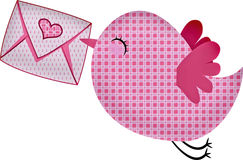 a pink bird holding an envelope with a heart on it, a digital rendering, tumblr, mail art, banner, imvu, pattern, fish