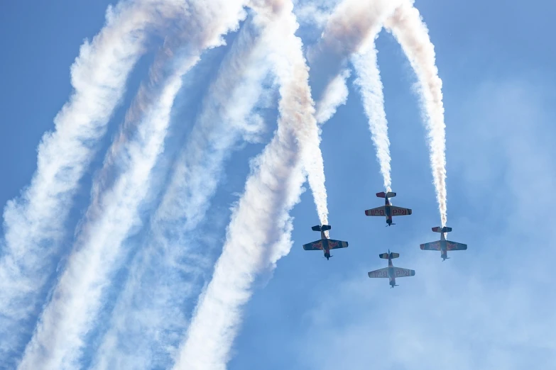 a group of airplanes flying through a blue sky, a portrait, by Frederik Vermehren, shutterstock, smoke coming from tires, military photography, concert, stock photo