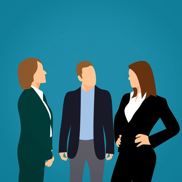 a couple of people standing next to each other, digital art, woman in business suit, three women, wikihow illustration, sharp focus illustration