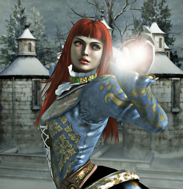 a woman with red hair standing in front of a castle, a raytraced image, inspired by Li Mei-shu, fantasy art, in a fighting pose, casting a protection spell, daz, character from mortal kombat