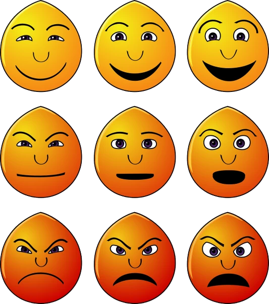 a bunch of smiley faces with different expressions, an illustration of, inspired by Heinz Anger, orange body, symmetrical face illustration, humpty dumpty in form of egg, oriental face