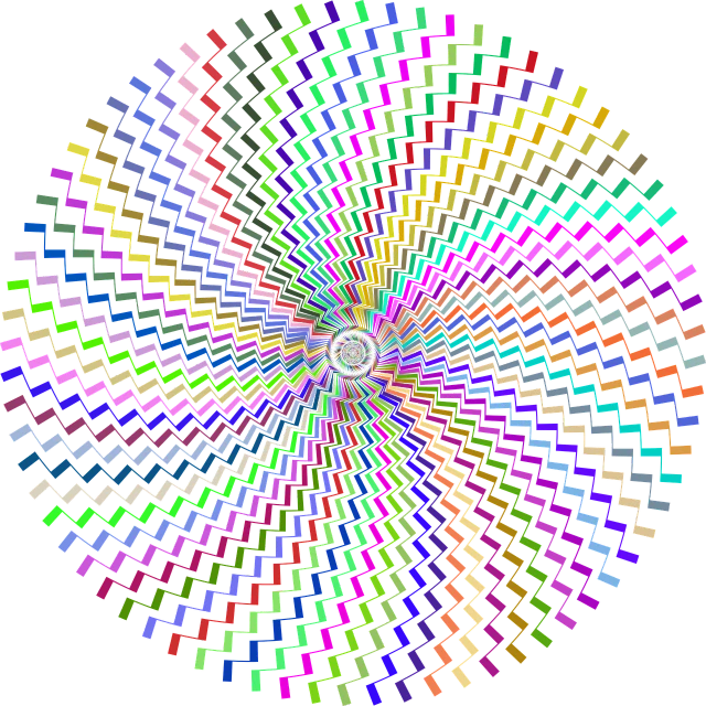 a multicolored circular design on a black background, a digital rendering, inspired by Konrad Klapheck, flickr, zig zag, no gradients, spinning, pixel mosaic