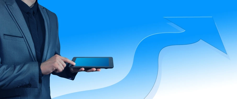 a man in a suit holding a smart phone, a digital rendering, by Saurabh Jethani, pixabay, blue phoenix bird, with a blue background, website banner, blu-ray transfer