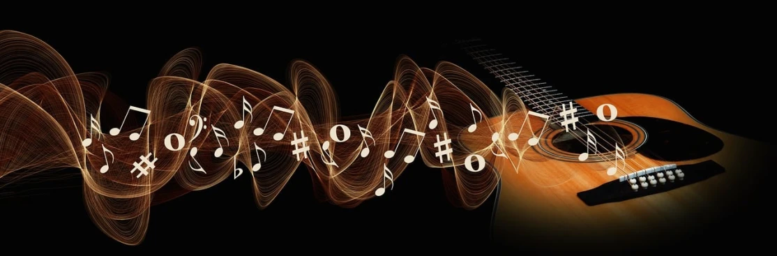 a close up of a guitar with letters coming out of it, a digital rendering, by Elias Ravanetti, trending on pixabay, sound wave, with notes, gold wires, dark. no text