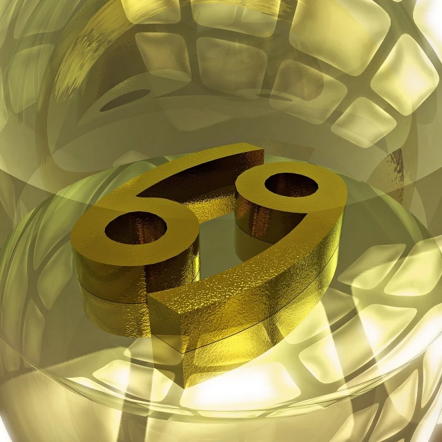 a close up of a gold object in a glass, a digital rendering, deviantart, taurus zodiac sign symbol, macro 8mm photo, ( alexander archipenko ), numerology