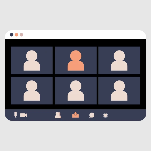 a computer screen with a group of people on it, a computer rendering, simple stylized, zoom, orange color theme, slate