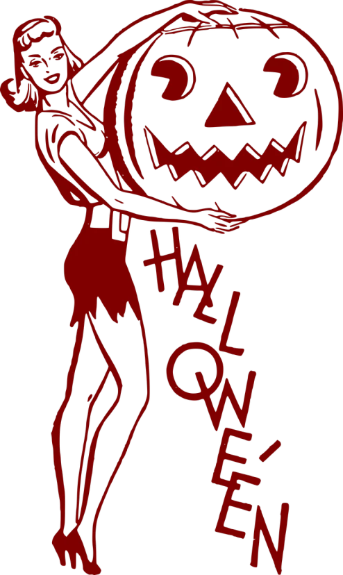 a drawing of a woman carrying a jack - o'- lantern, concept art, by Malcom Howie, graffiti, red on black, 1 9 4 0's, halo, [[fantasy]]