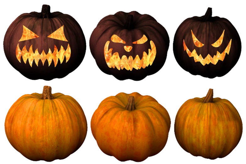 a group of pumpkins with faces carved into them, polycount, glsl - shaders, horror!! highly detailed, clipart, widescreen shot