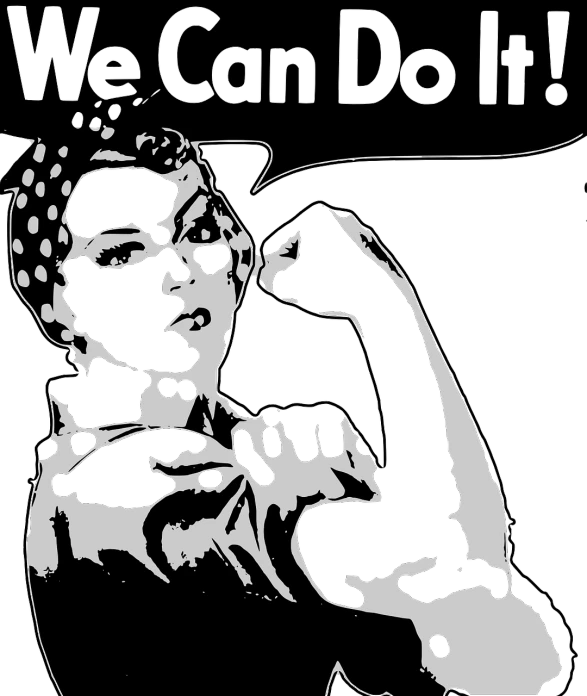 a black and white drawing of a woman with the words we can do it, inspired by Cleon Peterson, pixabay, pop art, black backround. inkscape, shirt art, frida, [ closeup ]!!