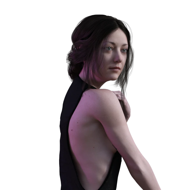 a woman in a black dress posing for a picture, a 3D render, trending on cg society, varying detailed skin, looking her shoulder, unrealistic character concept, underexposed lighting