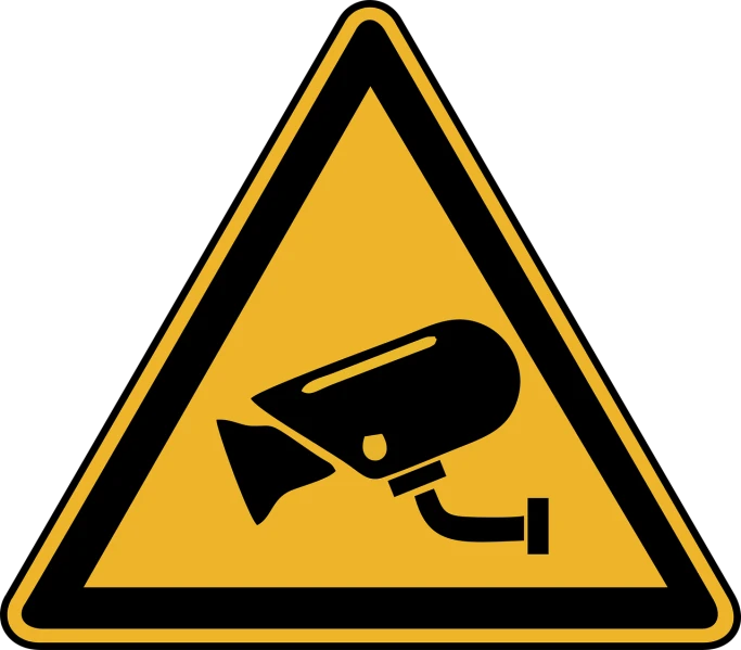 a yellow triangle with a camera on it, pixabay, bauhaus, warning lights, detailed vector, surveillance camera, on a flat color black background