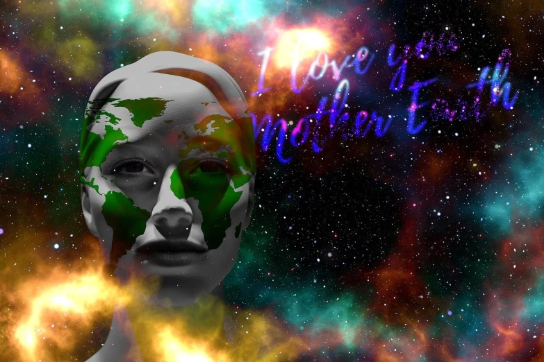 a close up of a person with a painted face, an album cover, space art, mother earth, i love you, digital art 4k unsettling, header text”