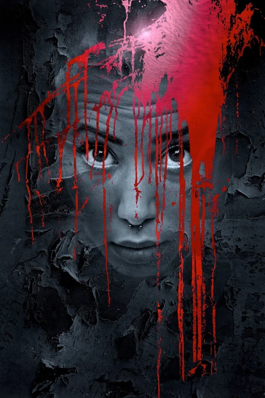 a close up of a child's face with red paint on it, a portrait, shock art, horror movie poster, color splash, evil woman, packshot
