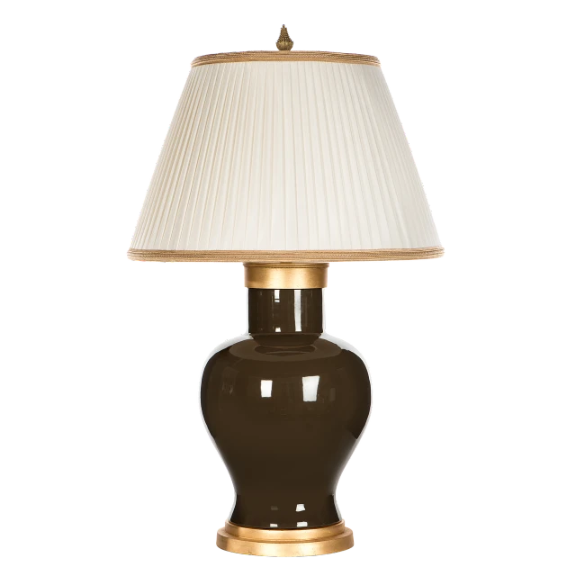 a brown table lamp with a white shade, by Robert Scott Lauder, baroque, gold trim, high resolution product photo, olive, perfect shape