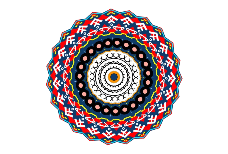 a colorful circular design on a black background, inspired by Adolf Wölfli, abstract illusionism, colors red white blue and black, india third eye tika, above view, assamese
