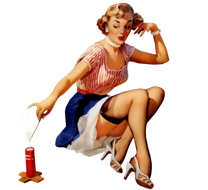 a woman kneeling down next to a fire hydrant, an airbrush painting, by Gil Elvgren, flickr, candlelit, barbecuing chewing gum, medium detail, platon