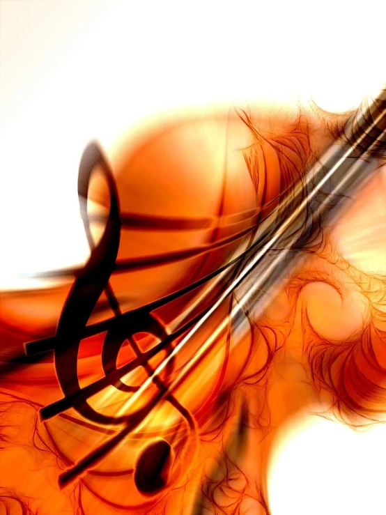 a close up of a violin with music notes on it, a digital rendering, lyrical abstraction, liquid translucent amber, stunning lines, background is white, vibrant orange background