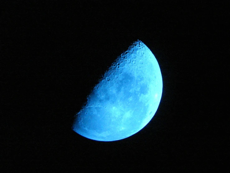 a half moon lit up in the dark sky, flickr, dayglo blue, moonwalker photo, [ [ hyperrealistic ] ], su fu