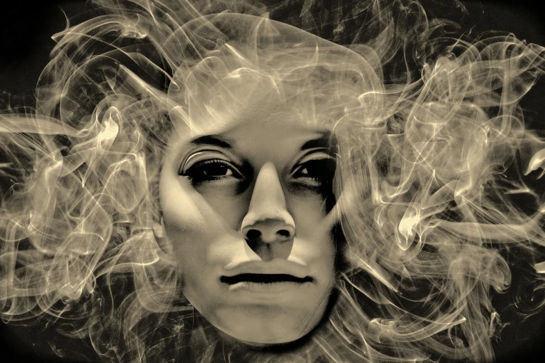 a black and white photo of a woman's face, inspired by Dora Maar, digital art, floating in smoke, diffuse lightpainting, fractalization, stable diffusion self portrait