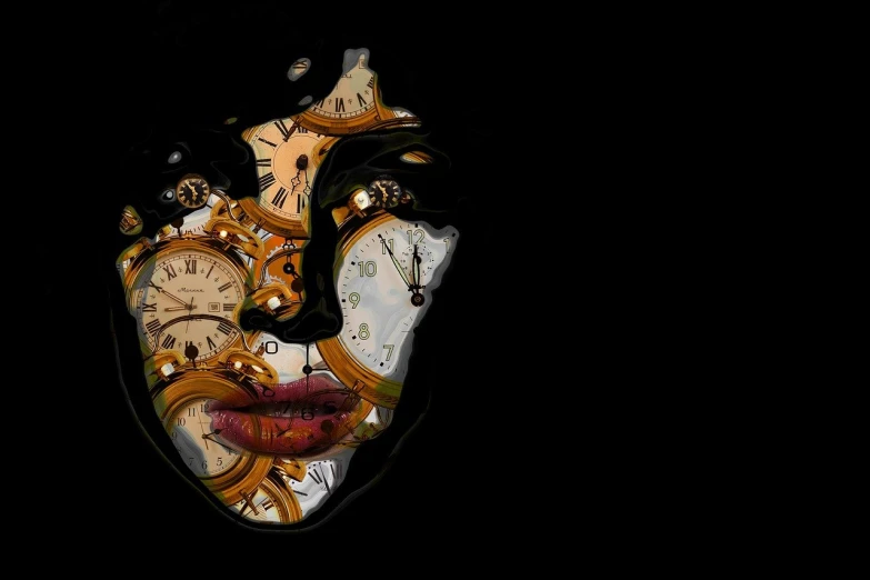 a clock in the shape of a woman's face, a digital rendering, inspired by Sandra Chevrier, trending on pixabay, steampunk watch, in focus faces, on black background, morning hour