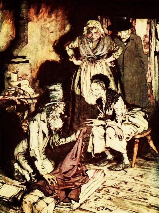 a painting of a group of people in a room, by Arthur Rackham, shutterstock, wearing victorian rags, poor, full shot photograph, scanned 2400 dpi