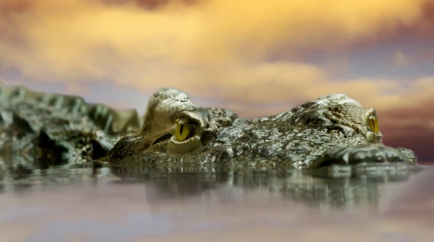 a close up of an alligator in a body of water, by Matija Jama, pixabay contest winner, photorealism, at twilight, liquid gold, composite, eyes wide