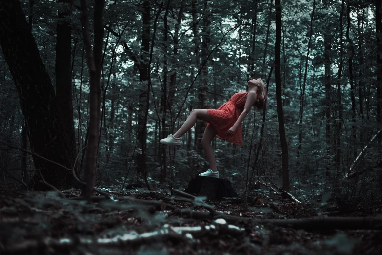 a woman in a red dress standing on a rock in the woods, inspired by Elsa Bleda, tumblr, art photography, jumping at the viewer, swing on a tree, the horror in the woods, low quality photograph