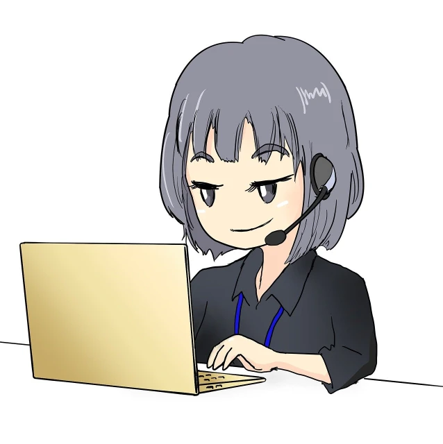 a woman sitting in front of a laptop computer, an anime drawing, working in a call center, no type, frontal pose, customer