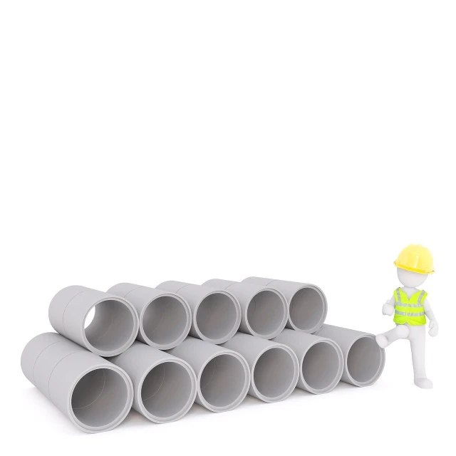 a man standing next to a pile of pipes, a picture, plasticien, 3 d model, high res photo