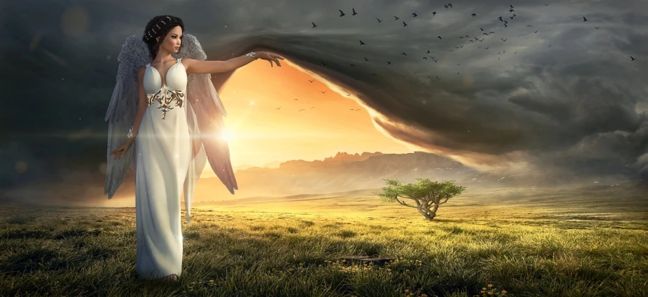 a woman in a white dress standing in a field, a matte painting, by Wayne England, pixabay contest winner, fantasy art, storm egyptian god, sun rising, winged human, greek fantasy panorama
